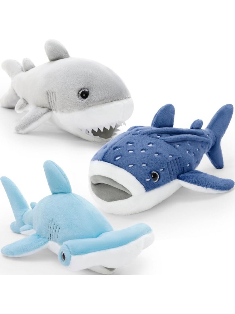 3 Pcs Realistic Shark Plush Set - Hammerhead, Whale, Great White - Soft Ocean